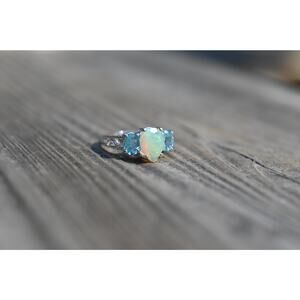 Ethiopian Opal and Apatite Ring Sterling Silver Oval Opal Engagement Ring